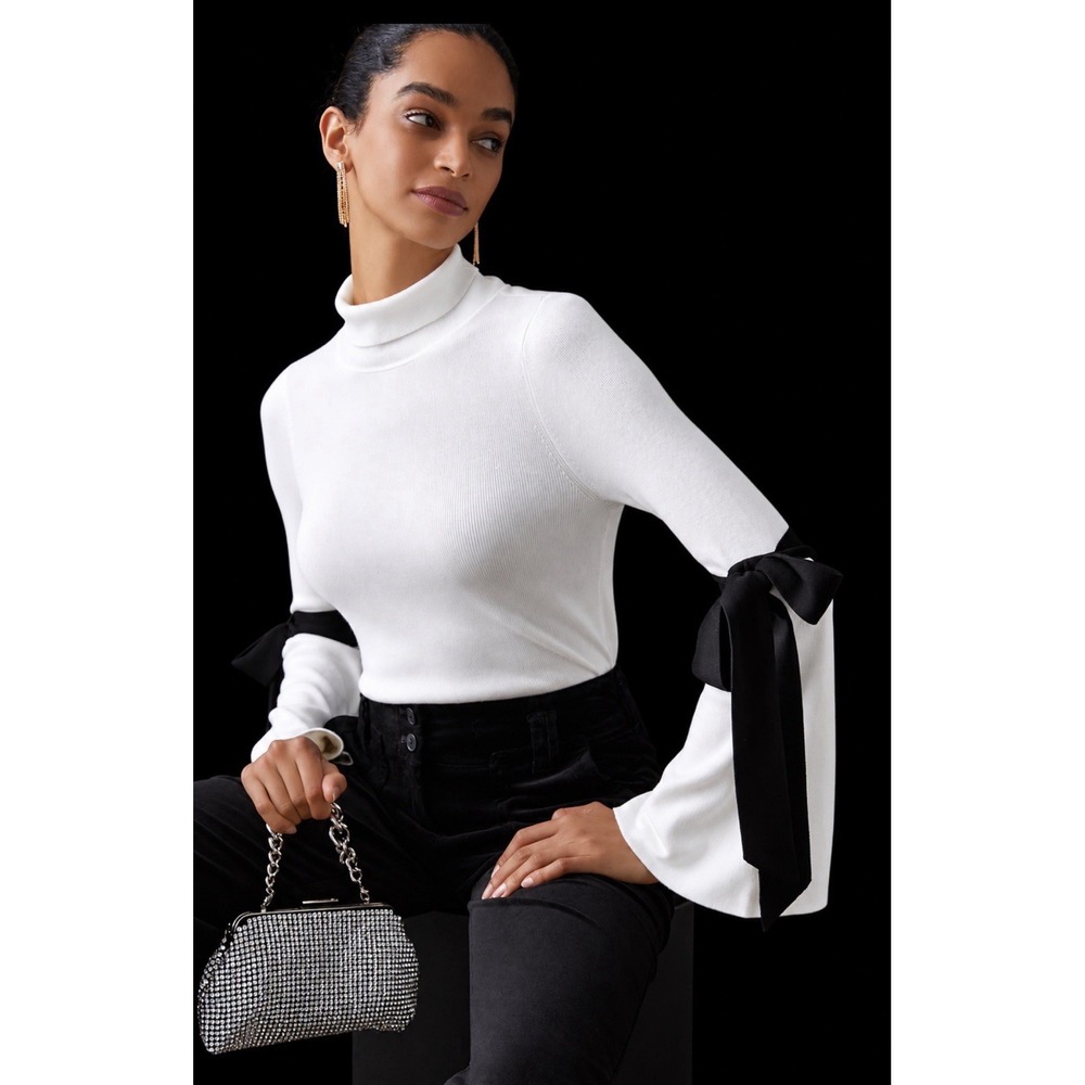 Maeve Anthropologie Sweater Womens Large Ivory Black Bow Bell Sleeve Boho $118